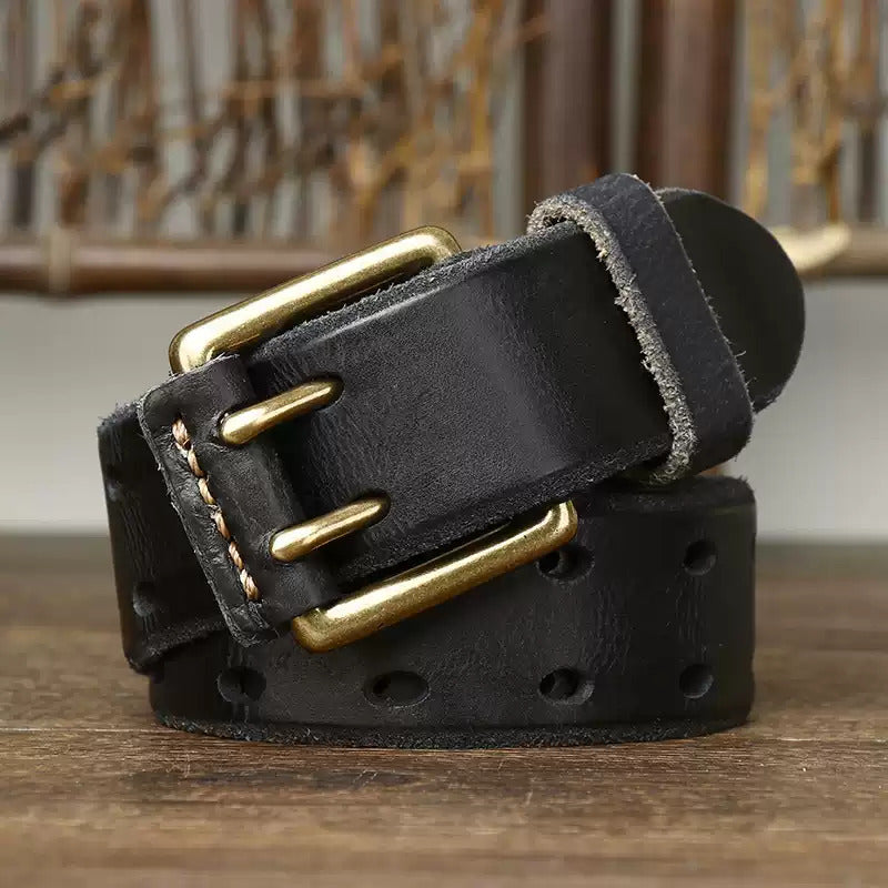 Vintage Style Double Prong Genuine Cowhide Leather Belt – Washed Finish, Trendy Men's Fashion Multi-Hole Pack