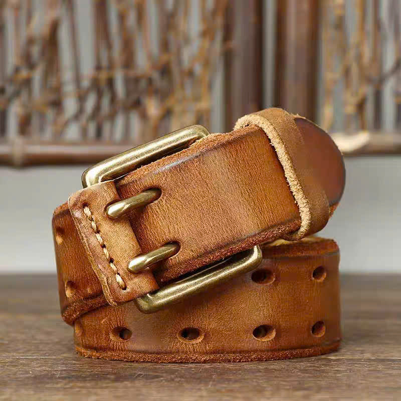 Vintage Style Double Prong Genuine Cowhide Leather Belt – Washed Finish, Trendy Men's Fashion Multi-Hole Pack