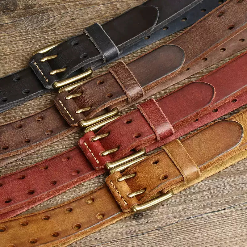 Vintage Style Double Prong Genuine Cowhide Leather Belt – Washed Finish, Trendy Men's Fashion Multi-Hole Pack
