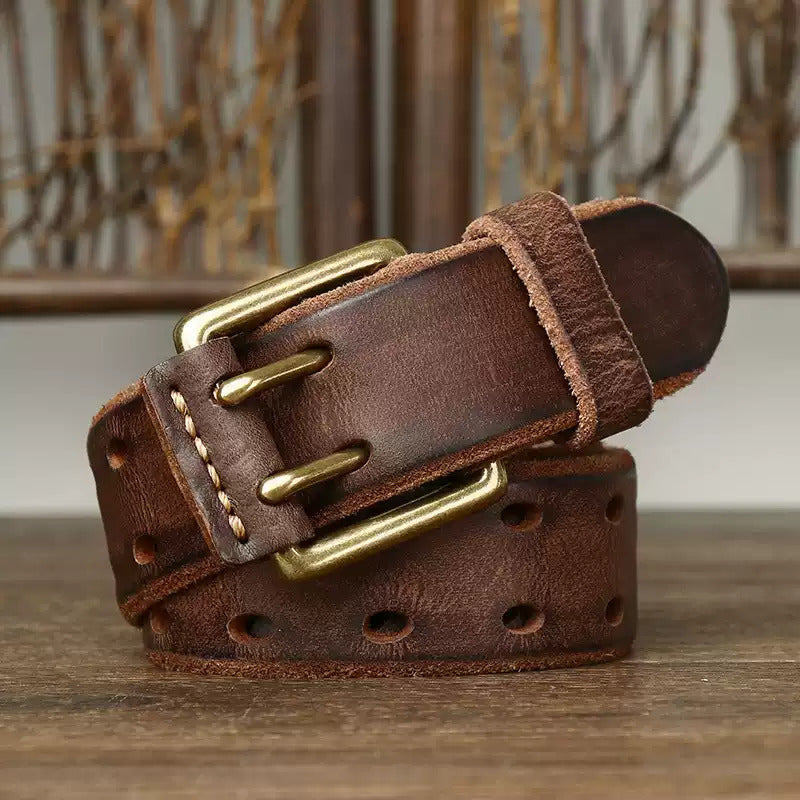 Vintage Style Double Prong Genuine Cowhide Leather Belt – Washed Finish, Trendy Men's Fashion Multi-Hole Pack
