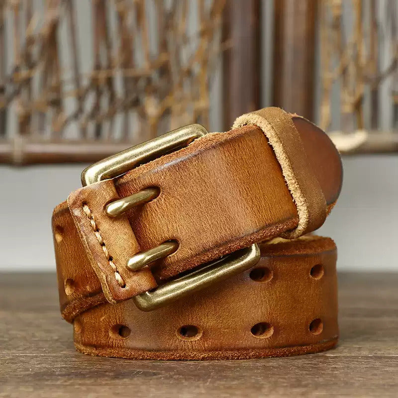 Vintage Style Double Prong Genuine Cowhide Leather Belt – Washed Finish, Trendy Men's Fashion Multi-Hole Pack