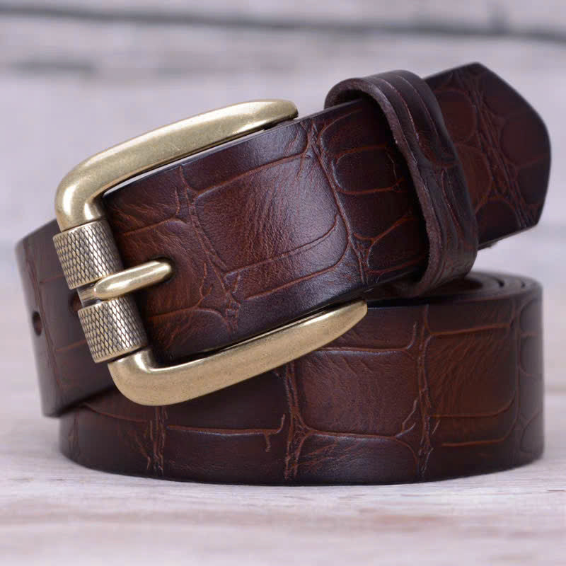 Men's Leather Belt with Alligator Embossed Pattern & Classic Brass Buckle - Premium Quality for Jeans, Dress Pants, or Work dicky men
