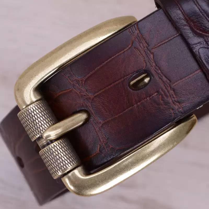 Men's Leather Belt with Alligator Embossed Pattern & Classic Brass Buckle - Premium Quality for Jeans, Dress Pants, or Work dicky men